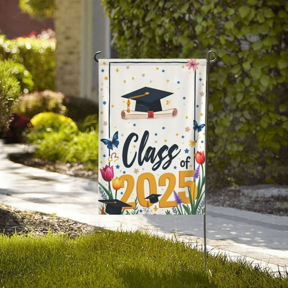 Hello Spring Summer Garden Flag Class Of 2025 Congrats Grad DecorativeBlack Gold Graduation Cap Diploma Meda Star Small Yard Decoration Seasonal Summer Anniversary Wedding Decor For Farmhouse
