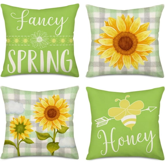 Hello Spring Sunflower Pillow Covers 16x16 Inch Set of 4 Green Buffalo Plaid with Yellow Floral Honey Bee Throw Pillow Cases Rustic Farmhouse Decoration Cushion Cover for Sofa Couch