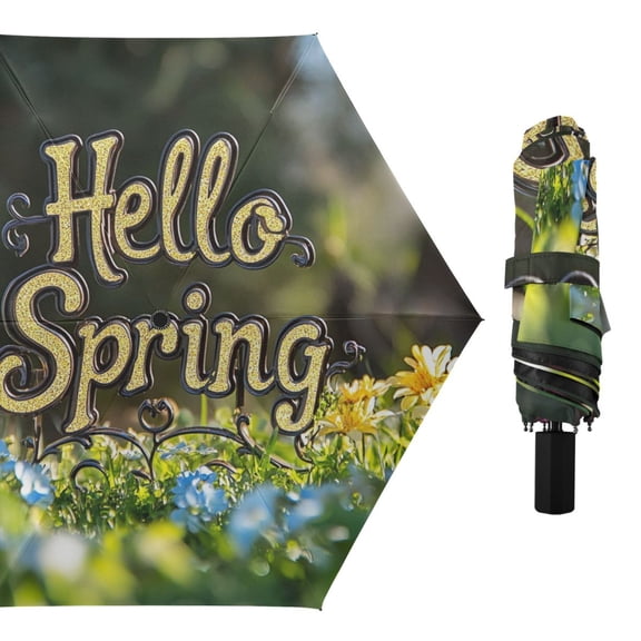 Hello Spring Sunny Day Florals All Weather Umbrella Triple Folding Parasol 6 Ribs UV Protection Portable