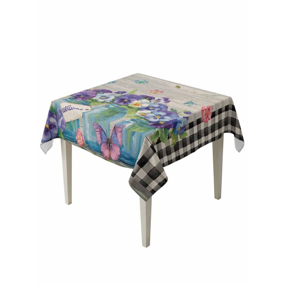 Hello Spring Suqare Tablecloth - 54 x 54 Inch, Pastoral Purple Bottle Floral Wooden Plaid Waterproof & StainResistant Tablecloth, Washable Oil-proof Table Cover for Dining/Party/Wedding/Buffet