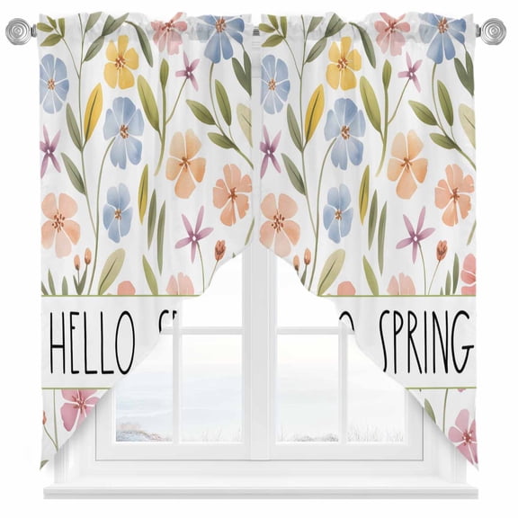 Hello Spring Swag Kitchen Curtain Valances, Spring Blue Pink Orange Wildflowers Floral Leaf Plant Rod Pocket Curtains Window Treatment Decor Valances for Bedroom Bathroom, 2 Panels 28 x 36 Inch