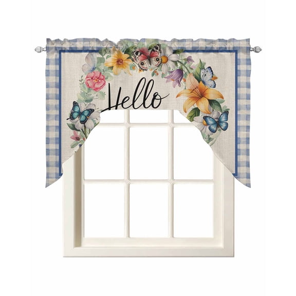 Hello Spring Swag Valances for Windows, Small Curtains Drapes, Farmhouse Floral Eucalyptus Wood Plaid Burlap Kitchen Window Curtains Over Sink Window Treatment Valance for Bedroom/Bathroom 56"x36"