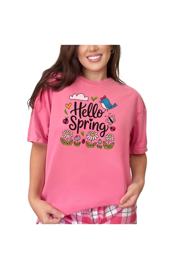 Hello Spring T-Shirt, Cute Spring Graphic Tee, Floral and Bird Design Shirt, Fun Seasonal Clothing, Springtime Casual Top, Crunchberry Comfort Colors T-Shirt, 2XL