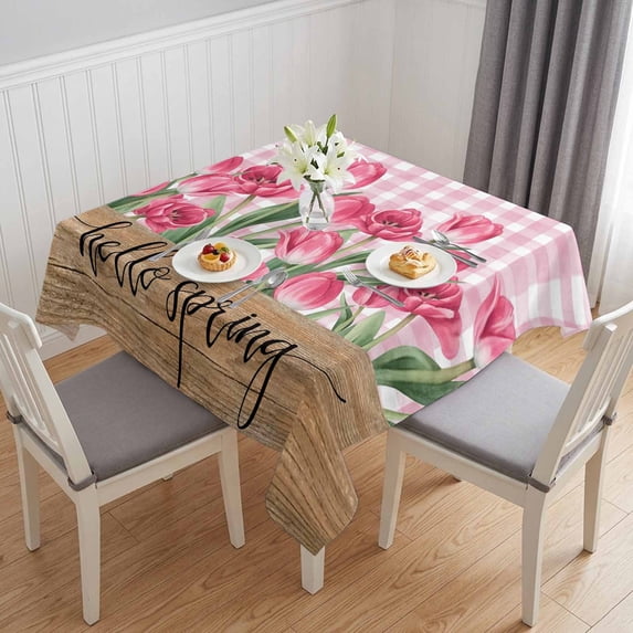 Hello Spring Table Cloth Waterproof Tablecloths, Pink Tulip Flowers Farmhouse Buffalo Plaid Wooden Tablecloth Dining Table Cover for Kitchen Party Tabletop Outdoor, Square Tablecloth 54x54 Inch