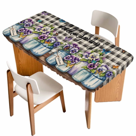 Hello Spring Table Cloths for 3 Foot Rectangle Tables, Pastoral Purple Bottle Floral Black White Plaid Patio Waterproof Elastic Fitted Tablecloths, Washable Rectangular Table Cover for Camping