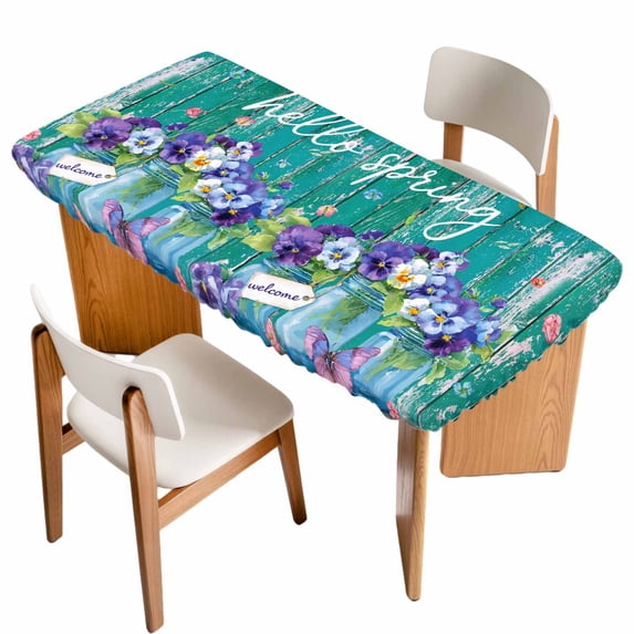 Hello Spring Table Cloths for 4 Foot Rectangle Tables, Pastoral Purple Bottle Floral Dark Green Wood Patio Waterproof Elastic Fitted Tablecloths, Washable Rectangular Table Cover for Camping
