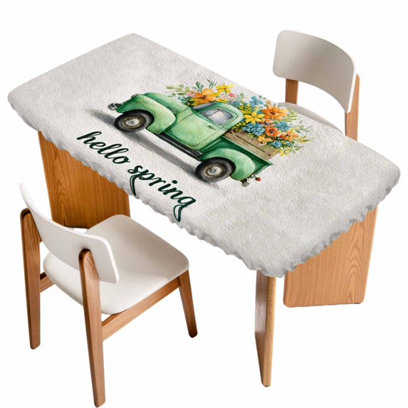 Hello Spring Table Cloths for 5 Foot Rectangle Tables, Easter Flowers Green Truck Vintage Floral Grey Patio Waterproof Elastic Fitted Tablecloths, Washable Rectangular Table Cover for Camping