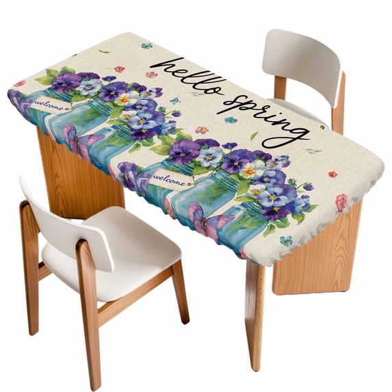 Hello Spring Table Cloths for 6 Foot Rectangle Tables, Pastoral Purple Bottle Floral Rustic Burlap Patio Waterproof Elastic Fitted Tablecloths, Washable Rectangular Table Cover for Camping