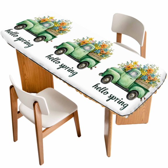 Hello Spring Table Cloths for 8 Foot Rectangle Tables, Easter Flowers Green Truck Floral Orange Plaid Patio Waterproof Elastic Fitted Tablecloths, Washable Rectangular Table Cover for Camping
