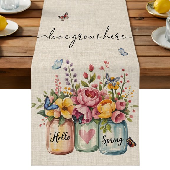 Hello Spring Table Runner, Love Grows Here Color Flowers Leaf Retro Linen Washable Kitchen Table Runners Dress Scarves for Dining Table Decorations Party/Restaurant/Indoor Outdoor Use, 16x72in