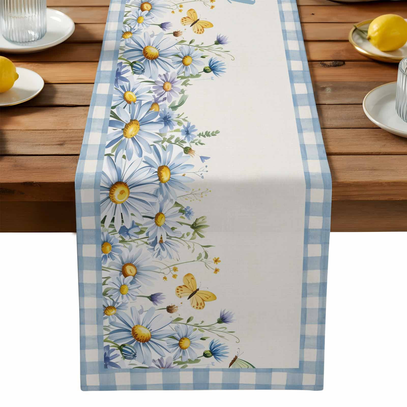 Hello Spring Table Runner, Spring Floral Watercolor Flower White Daisy ...