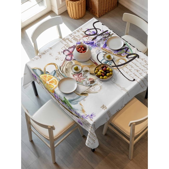Hello Spring Tablecloth Square Table Cloth 54x54, Waterproof Outdoor Table Cloth Covers Decorative Table Protector, Purple Floral Botanical Coffee Cups Washable Table Cover for Kitchen Dinning Party
