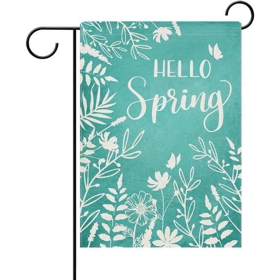 Hello Spring Teal Decorative Garden Flag, Floral Flowers Leaves Butterfly Yard Outside Home Decorations, Summer Seasonal Burlap Outdoor Small Decor Double Sided 12 x 18