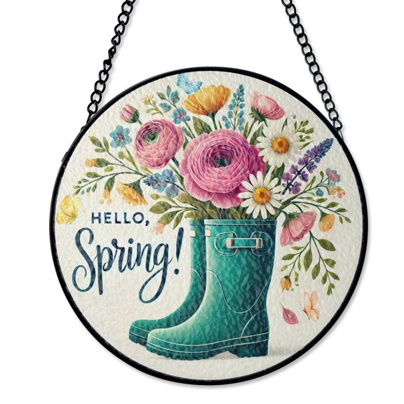 Hello Spring Teal Rain Boots Suncatcher Stained Glass Style UV Printed Glass Floral Purple Wood Look Decor Round