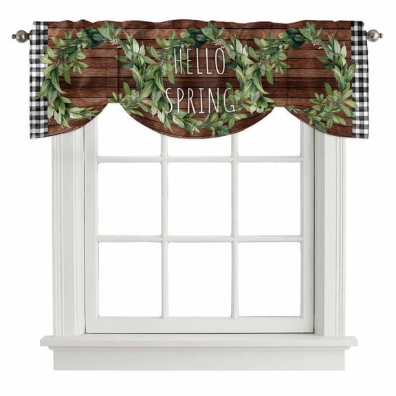 Hello Spring Tie Up Valance Curtains Green Leaf Plant Black Plaid Brown Wood Grain Adjustable Light Filtering Tie Up Valance Small Window Shade for Kitchen Bedroom Cafe 42" W x 12" L
