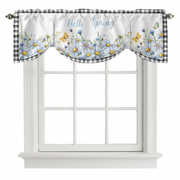 Hello Spring Tie Up Valance Curtains Spring Floral Watercolor Flower White Daisy Butterfly Black Plaid Adjustable Light Filtering Tie Up Valance Small Window Shade for Kitchen Bedroom 42" W x 12" L