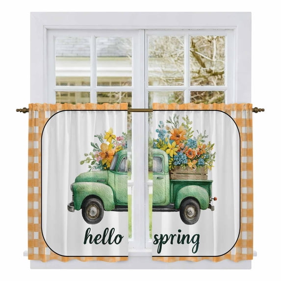 Hello Spring Tier Curtains 54 Inch Length, Easter Flowers Green Truck Floral Orange Plaid Cafe Short Curtains for Bathroom Over Sink, Small Kitchen Curtain Light Filtering Drapes 2 Panels 27.5"Wx54"L