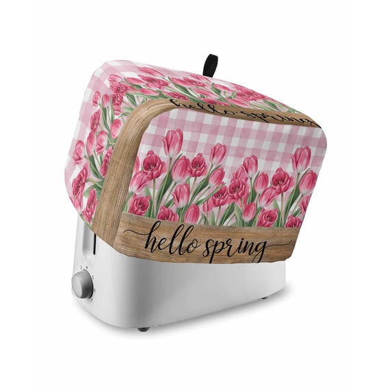 Hello Spring Toaster Cover 4 Slice, Large Kitchen Appliance Covers, Pink Tulip Flowers Farmhouse Buffalo Plaid Wooden Toaster Oven Cover with Loop, Bread Machine Cover Polyester Dust Cover Protection