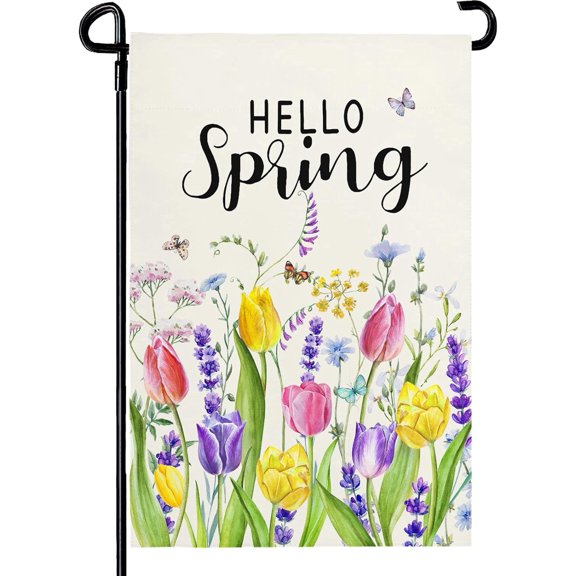 Hello Spring Tulip Garden Flag 12x18 Inch Double Sided Flowers Garden Flags Seasonal Summer Floral Yard Flags for Outside Farmhouse Outdoor Decorations
