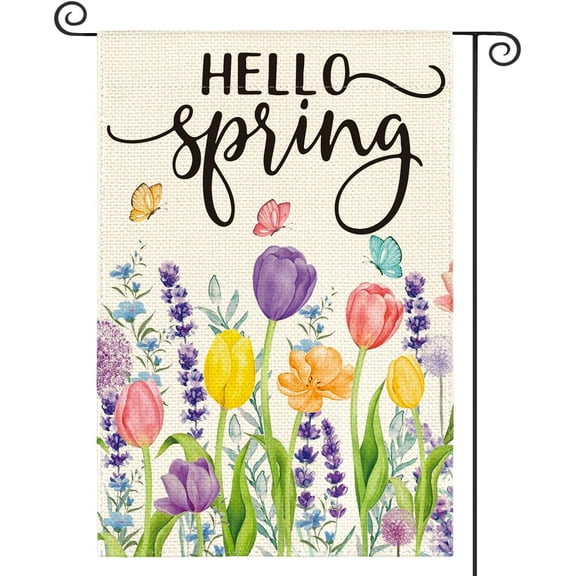 Hello Spring Tulip Lavender Garden Flag 12 x 18 Inch Double Sided, Seasonal Flower Yard Outdoor Flag