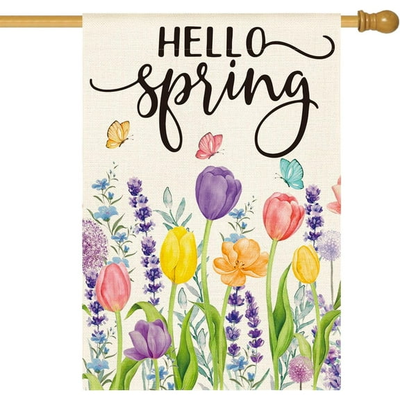 Hello Spring Tulip Lavender House Flag 28 x 40 Inch Double Sided, Seasonal Flower Yard Outdoor Flag