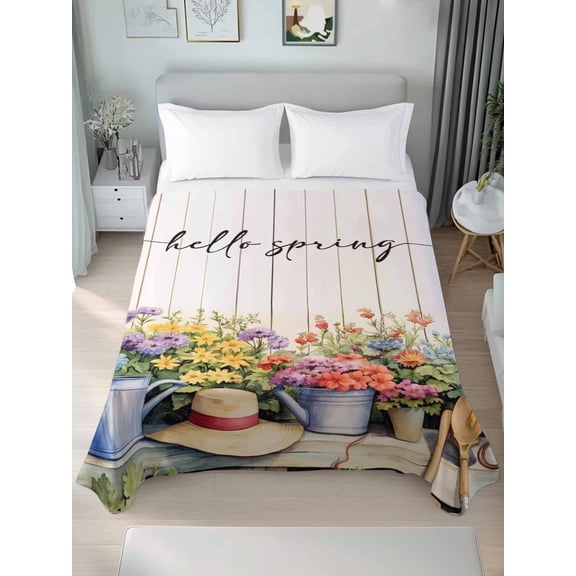 Hello Spring Twim Size Flat Sheet, Wrinkleproof & Fadeproof Cooling Flat Bed Sheet Only, Elagant Summer Floral Botanical Wooden Breathable Soft Bedding Top Sheets 66 x 96 Inches