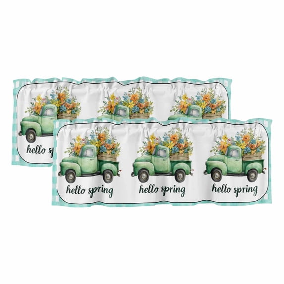 Hello Spring Valances for Windows, Decorative Rod Pocket Window Valance Curtains, Easter Flowers Green Truck Floral Blue Plaid Short Curtain Drapes for Kitchen/Living Room, 2 Panels, 60" W x 18" L