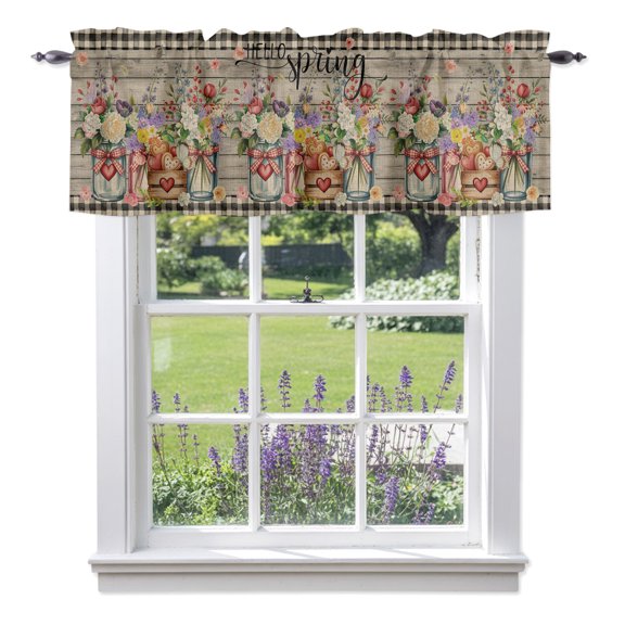 Hello Spring Valances for Windows, Rose Purple Pink Flower Red Heart Vintage Wood Grain Plaid Valance Window Treatment Rod Pocket Short Curtains Valances for Kitchen Bathroom 42"W x 12"L
