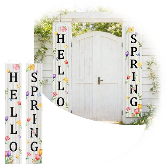Hello Spring Vertical Door Banner Set Floral Tulip Spring Porch Sign Decor for Front Door Home Porch Use