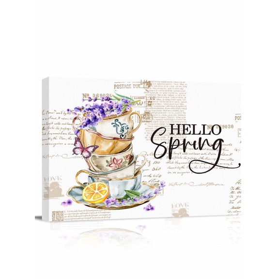 Hello Spring Wall Art for Living Room,Canvas Picture Wall Decor for Bathroom Bedroom,Purple Floral Botanical Coffee Cups Painting Artwork for Office Kitchen Hallway Dining Room Home Decor 12"x16"