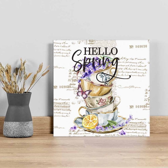 Hello Spring Wall Art Painting on Canvas, Purple Floral Botanical Coffee Cups Canvas Art Home Prints Wall Art Framed Modern Artwork for Living Room Bedroom Wall Decor 20x20in