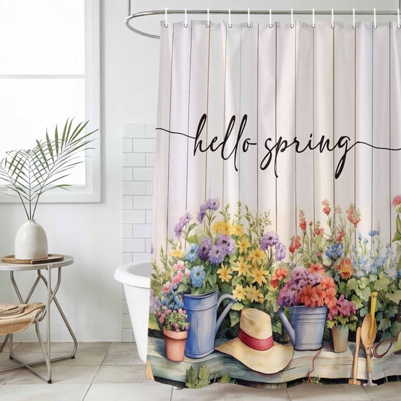 Hello Spring Waterproof Fabric Shower Curtain,Elagant Summer Floral Botanical Wooden Waterproof Fabric Shower Curtain for Bathroom Curtains Bathtubs Hotel Shower Curtains with 12 Hooks Standard 66x72
