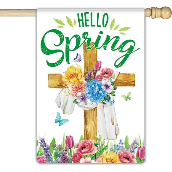 Hello Spring Welcome Garden Flag 28 x 40 Inch Double Sided Spring Christian Cross Stand House Flag for Home Party Porch Yard Outdoor Decor