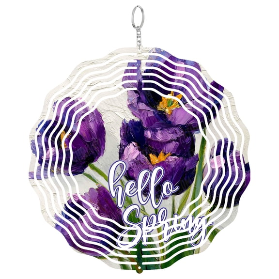 Hello Spring Wind Spinner Metal Outdoor Decor Impressionist Art Purple