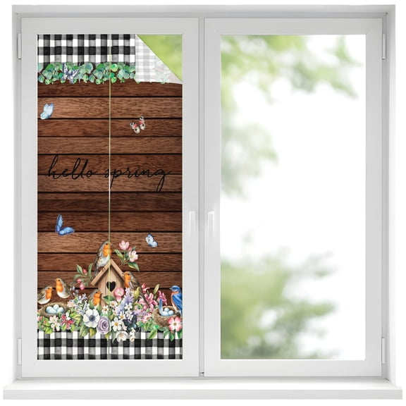 Hello Spring Window Privacy Film, Bird Pink White Flowers Butterflies Brown Wood Grain Frosted Glass Window Clings Static Cling UV Heat Blocking Reusable Door Sticker for Bathroom 17.7 x 39.3 Inch