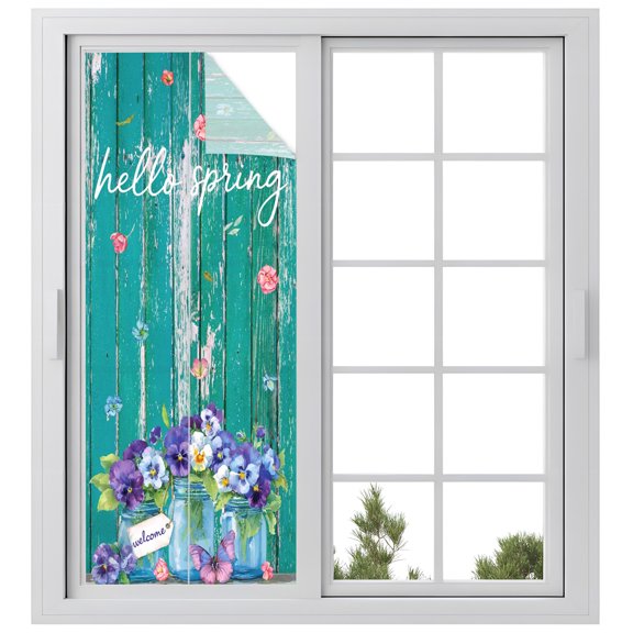 Hello Spring Window Privacy Film, Country Purple Pansy Flowers Green Wood Plank Frosted Glass Window Clings Static Cling UV Heat Blocking Reusable Door Sticker for Bathroom 23.6 x 59 Inch