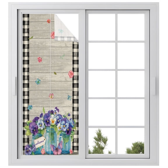 Hello Spring Window Privacy Film, Country Purple Pansy Flowers Leaf Farm Plaid Wood Frosted Glass Window Clings Static Cling UV Heat Blocking Reusable Door Sticker for Bathroom 23.6 x 59 Inch
