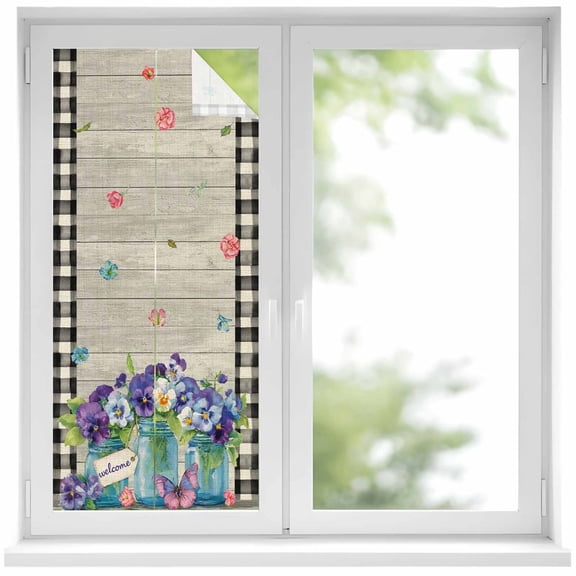 Hello Spring Window Privacy Film, Country Purple Pansy Flowers Leaf Farm Plaid Wood Frosted Glass Window Clings Static Cling UV Heat Blocking Reusable Door Sticker for Bathroom 17.7 x 39.3 Inch