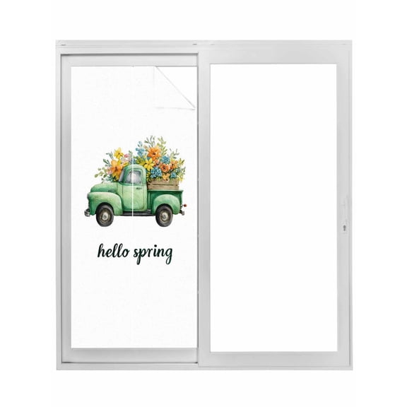 Hello Spring Window Privacy Film, Easter Flowers Green Car Vintage Floral Static Cling UV Sun Blocking Tint Film Heat Control Windows Films for Bedroom Bathroom, Window Stickers 17.7"x39.3"