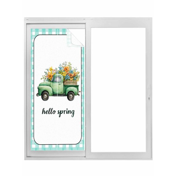 Hello Spring Window Privacy Film, Easter Flowers Green Truck Floral Blue Plaid Static Cling UV Sun Blocking Tint Film Heat Control Windows Films for Bedroom Bathroom, Window Stickers 17.7"x39.3"