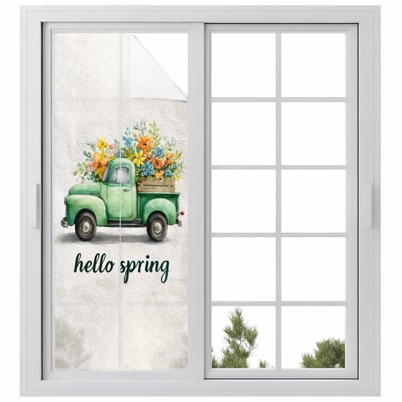 Hello Spring Window Privacy Film, Easter Flowers Green Truck Vintage Floral Grey Static Cling UV Sun Blocking Heat Control Window Tint Day and Night, Non-Adhesive One Way Privacy Cover 23.6''x59''