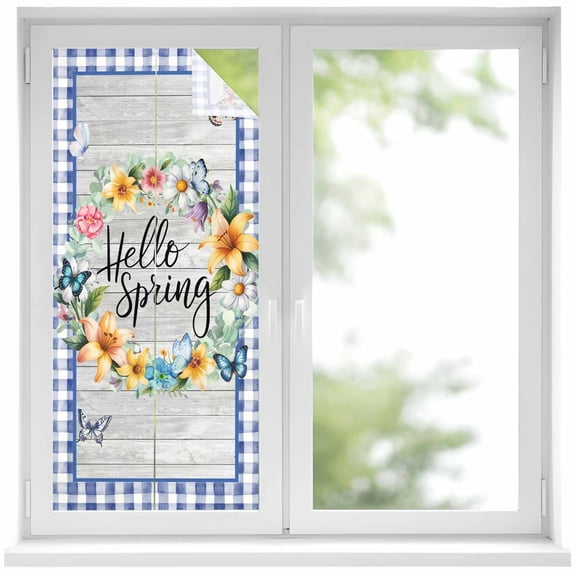 Hello Spring Window Privacy Film, Farmhouse Floral Eucalyptus Wood Blue Plaid Static Cling UV Sun Blocking Heat Control Window Tint Day and Night, Non-Adhesive One Way Privacy Cover 17.7''x39.3''