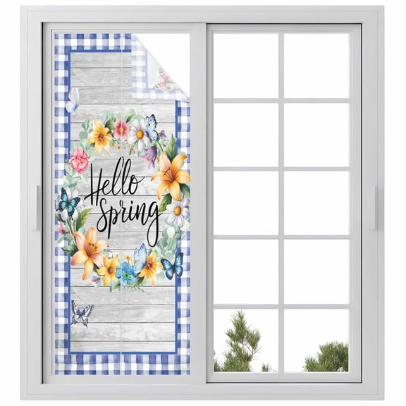 Hello Spring Window Privacy Film, Farmhouse Floral Eucalyptus Wood Blue Plaid Static Cling UV Sun Blocking Heat Control Window Tint Day and Night, Non-Adhesive One Way Privacy Cover 23.6''x59''