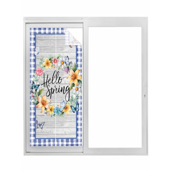 Hello Spring Window Privacy Film, Farmhouse Floral Eucalyptus Wood Blue Plaid Static Cling UV Sun Blocking Tint Film Heat Control Windows Films for Bedroom Bathroom, Window Stickers 23.6"x59"