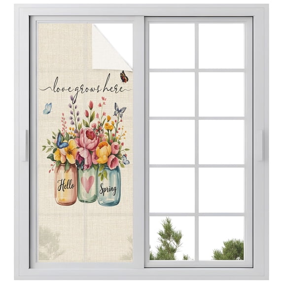 Hello Spring Window Privacy Film, Love Grows Here Color Flowers Leaf Retro Linen Frosted Glass Window Clings Static Cling UV Heat Blocking Reusable Door Sticker for Bathroom 23.6 x 59 Inch