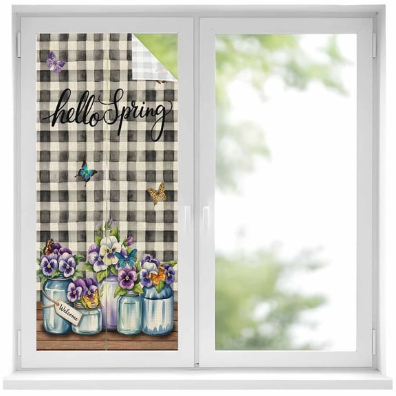 Hello Spring Window Privacy Film, Pastoral Purple Bottle Floral Black White Plaid Static Cling UV Sun Blocking Heat Control Window Tint Day and Night, Non-Adhesive One Way Privacy Cover 17.7''x39.3''