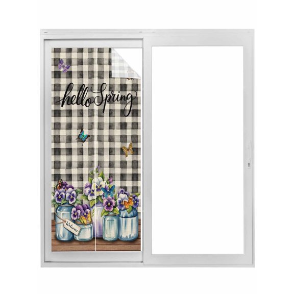 Hello Spring Window Privacy Film, Pastoral Purple Bottle Floral Black White Plaid Static Cling UV Sun Blocking Tint Film Heat Control Windows Films for Bedroom Bathroom, Window Stickers 17.7"x39.3"