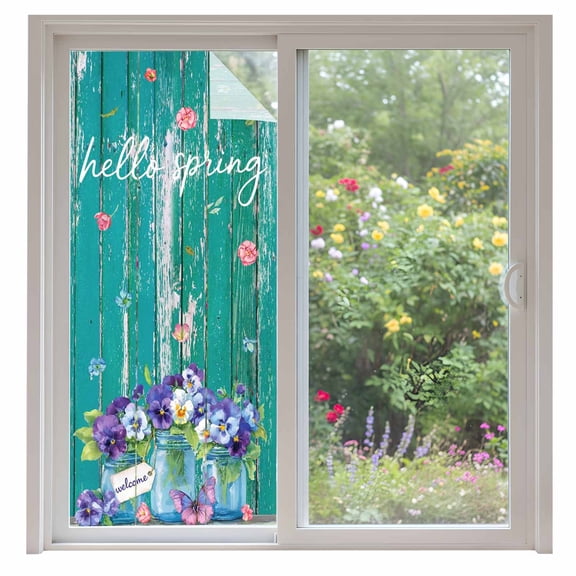 Hello Spring Window Privacy Film, Pastoral Purple Bottle Floral Dark Green Wood Static Cling UV Sun Blocking Heat Control Window Tint Day and Night, Non-Adhesive One Way Privacy Cover 35.4''x78.7''
