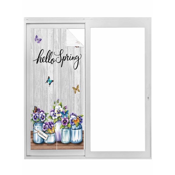 Hello Spring Window Privacy Film, Pastoral Purple Bottle Floral Gray Wooden Static Cling UV Sun Blocking Tint Film Heat Control Windows Films for Bedroom Bathroom, Window Stickers 17.7"x39.3"