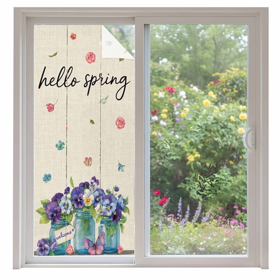 Hello Spring Window Privacy Film, Pastoral Purple Bottle Floral Rustic Burlap Static Cling UV Sun Blocking Heat Control Window Tint Day and Night, Non-Adhesive One Way Privacy Cover 35.4''x78.7''
